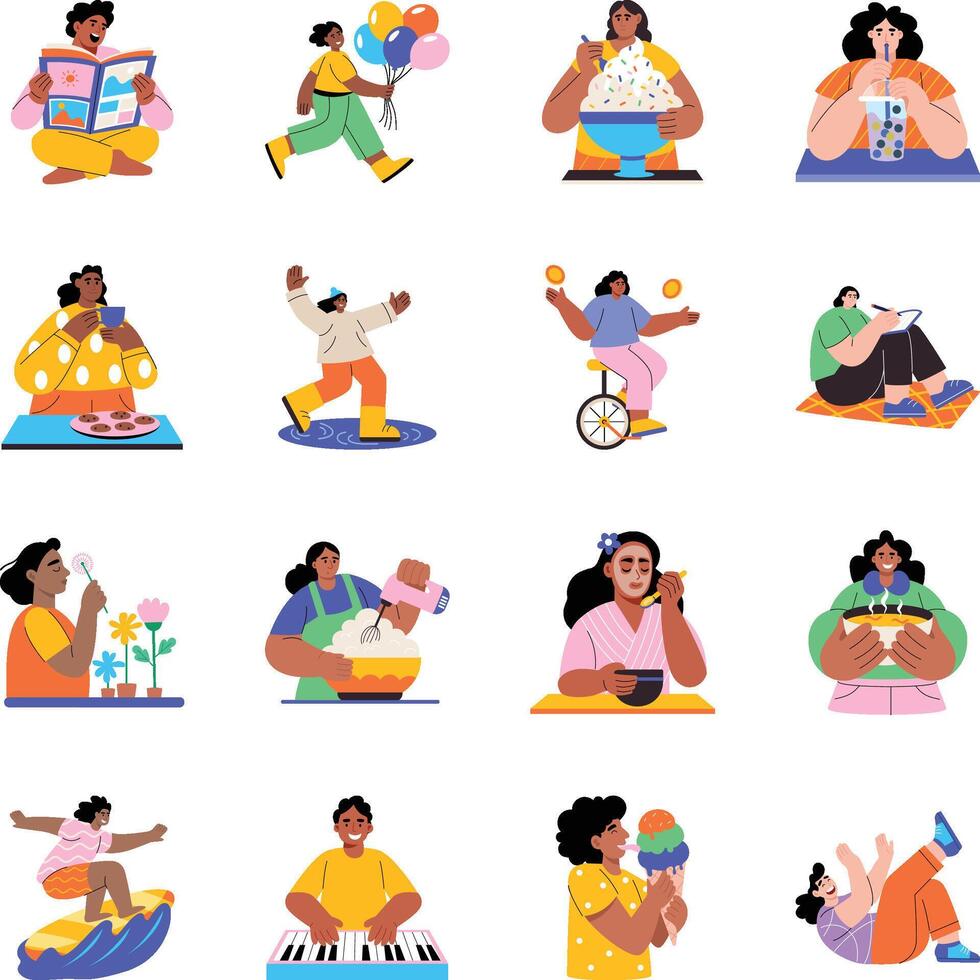 Pack of Enjoying Characters Flat Style Illustrations vector