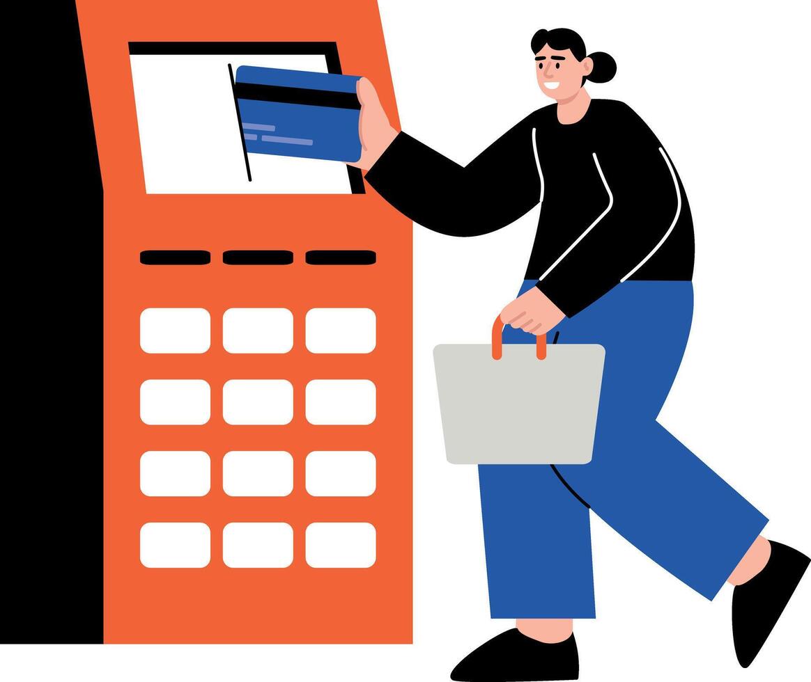 A flat style illustration showing a person doing atm transaction vector