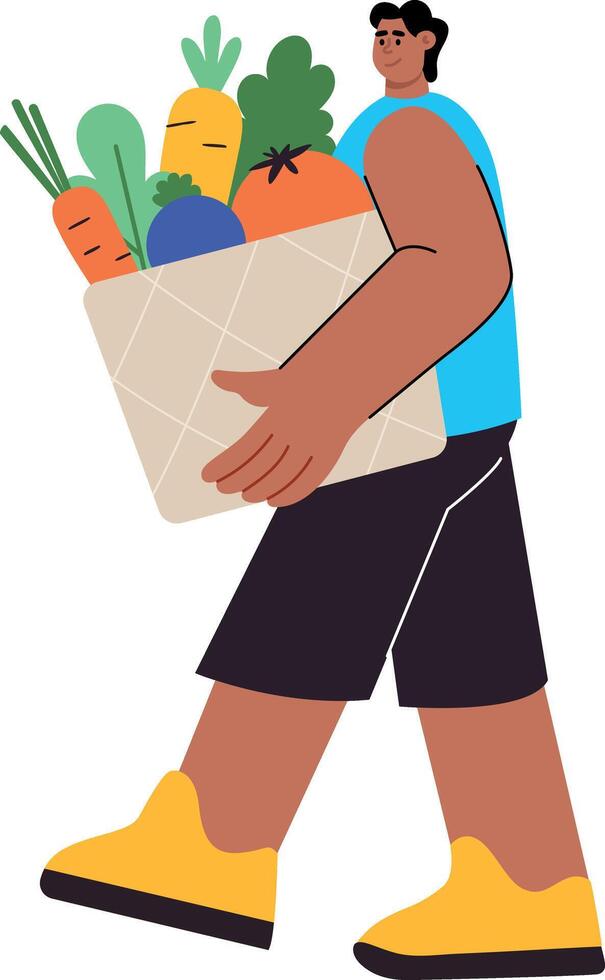 A flat style illustration showing a person holding grocery vector