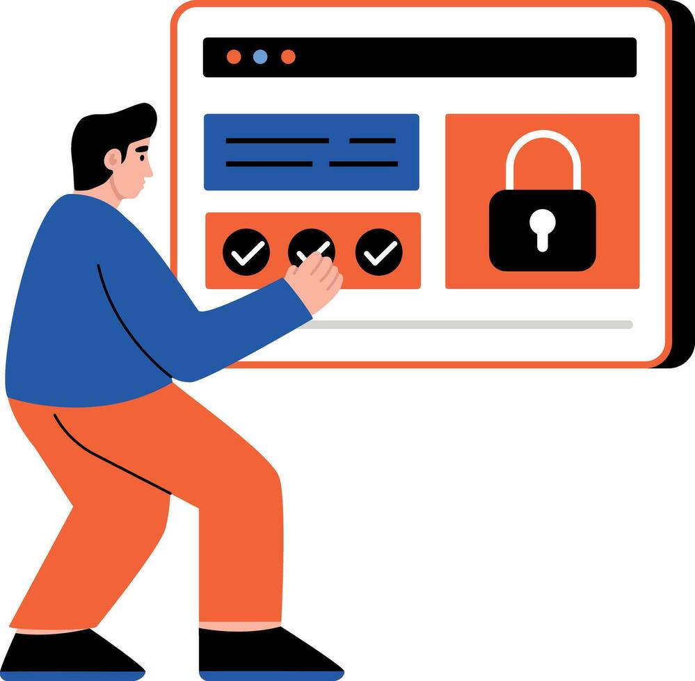 A flat style illustration showing a person updating security vector