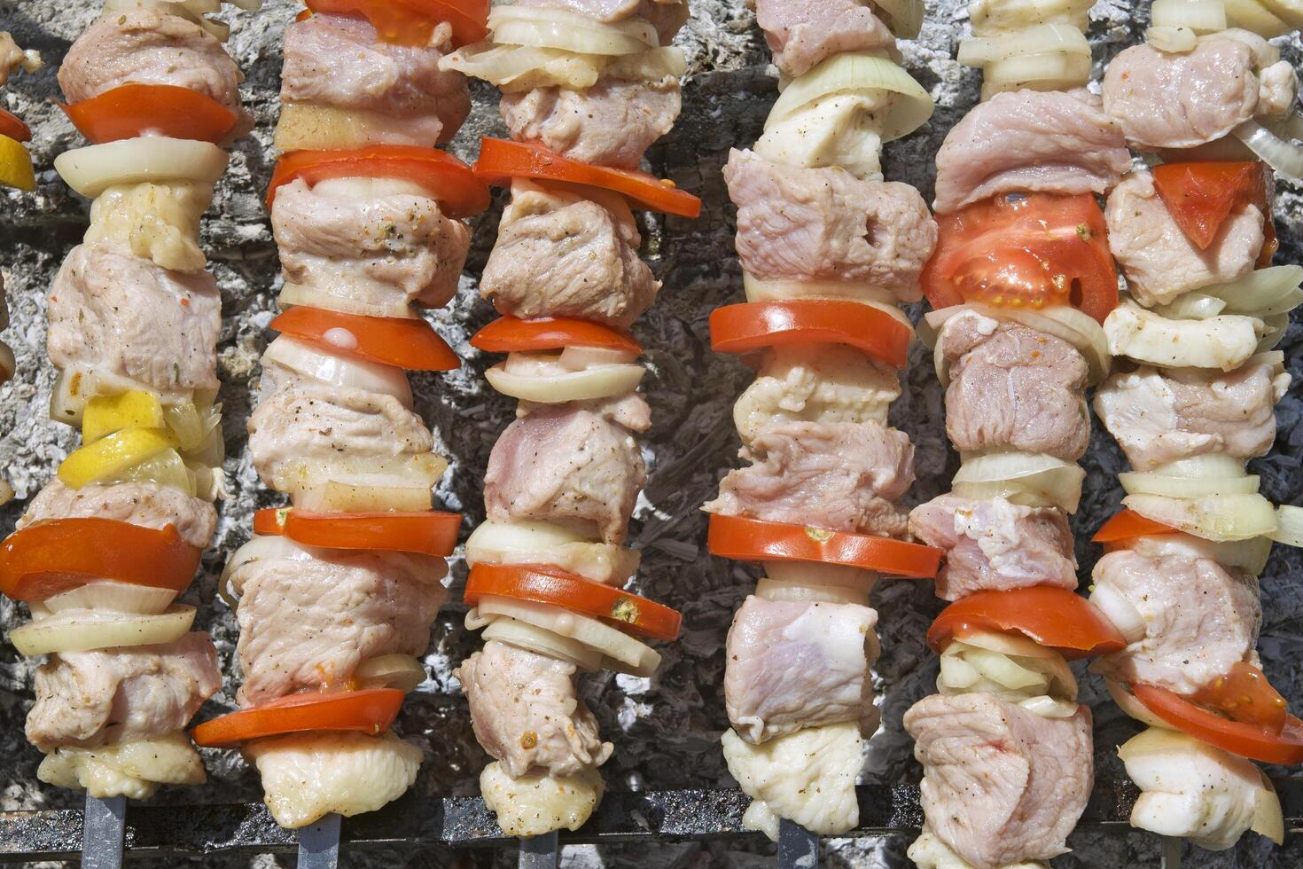 Raw barbeque on a skewer, close up photo