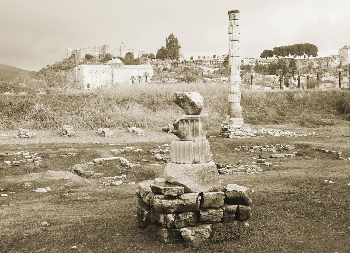 Ruins of Artemision in Ephesus, sepia photo