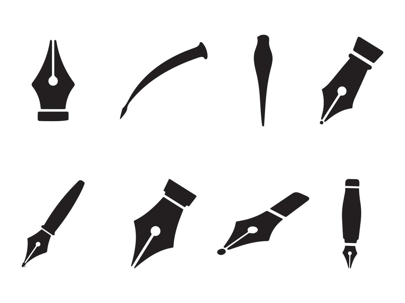 Diverse collection of black fountain pen nibs and pen tips on white background. vector