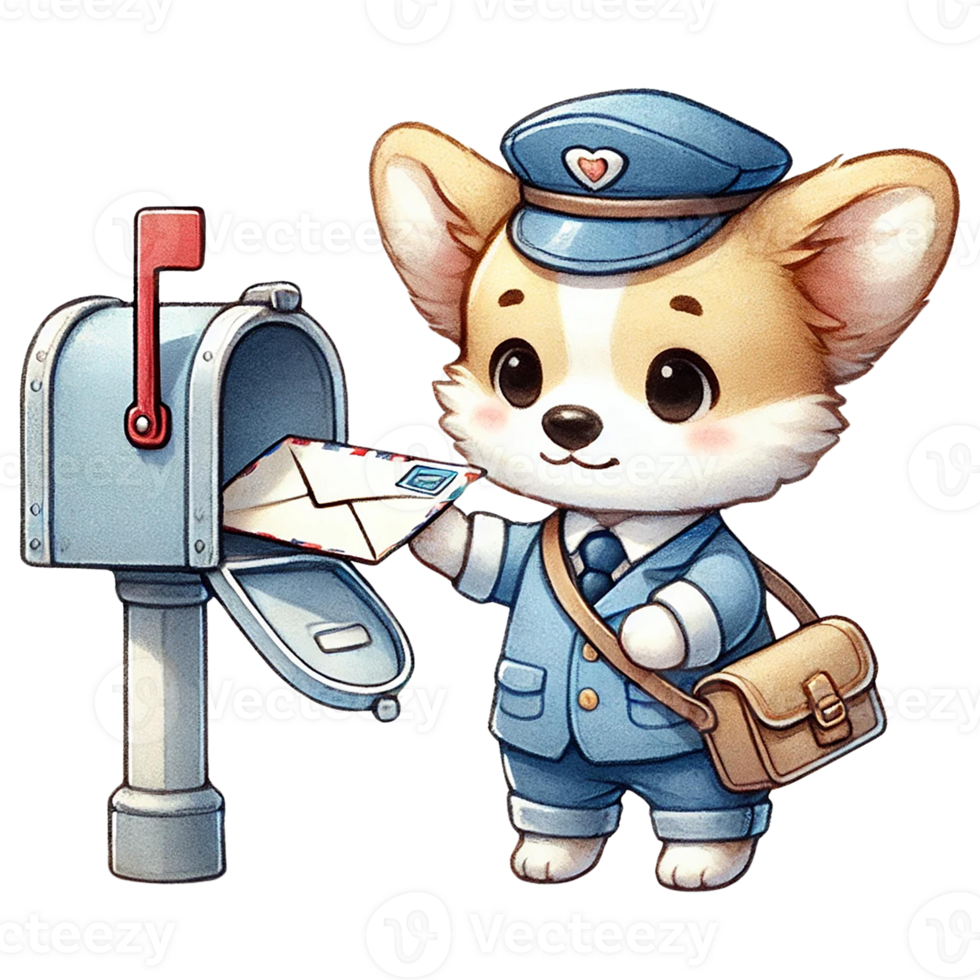 A cute corgi delivering mail with a cheerful expression. png