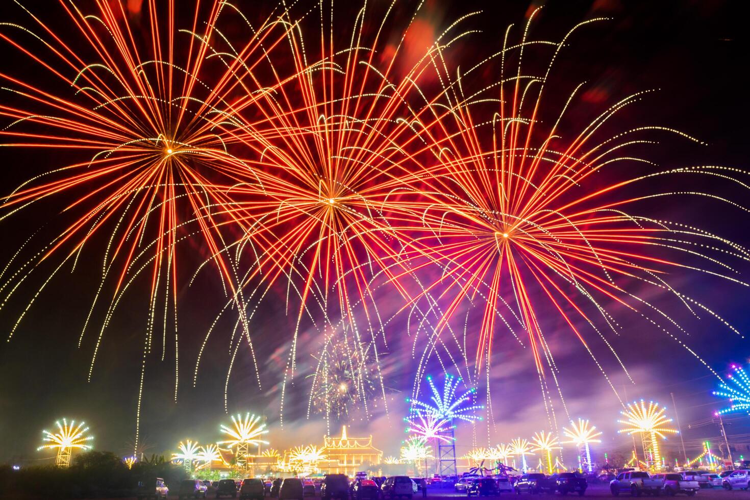 firework on the river at night photo