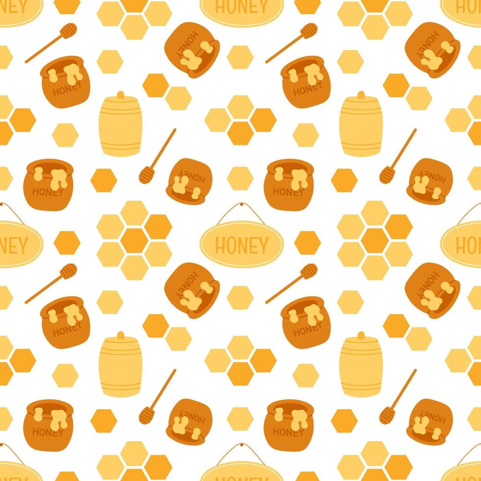 Seamless pattern with honey jars, dippers, honeycomb cells and beehive elements on white background. Flat hand drawn illustration vector