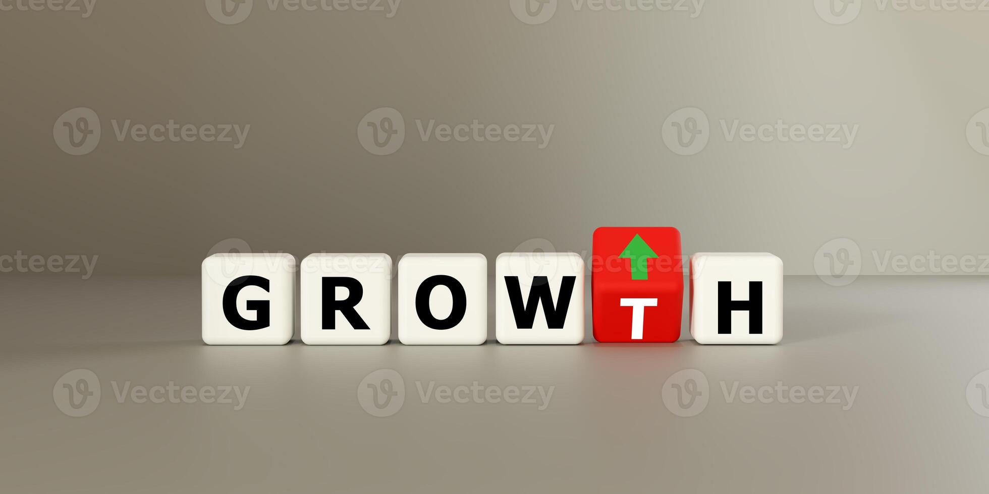 Blocks spelling GROWTH with a red block and green arrow. Symbolizes business increase, positive trends, and financial development. Ideal for success, growth, expansion, and upward progress now. photo