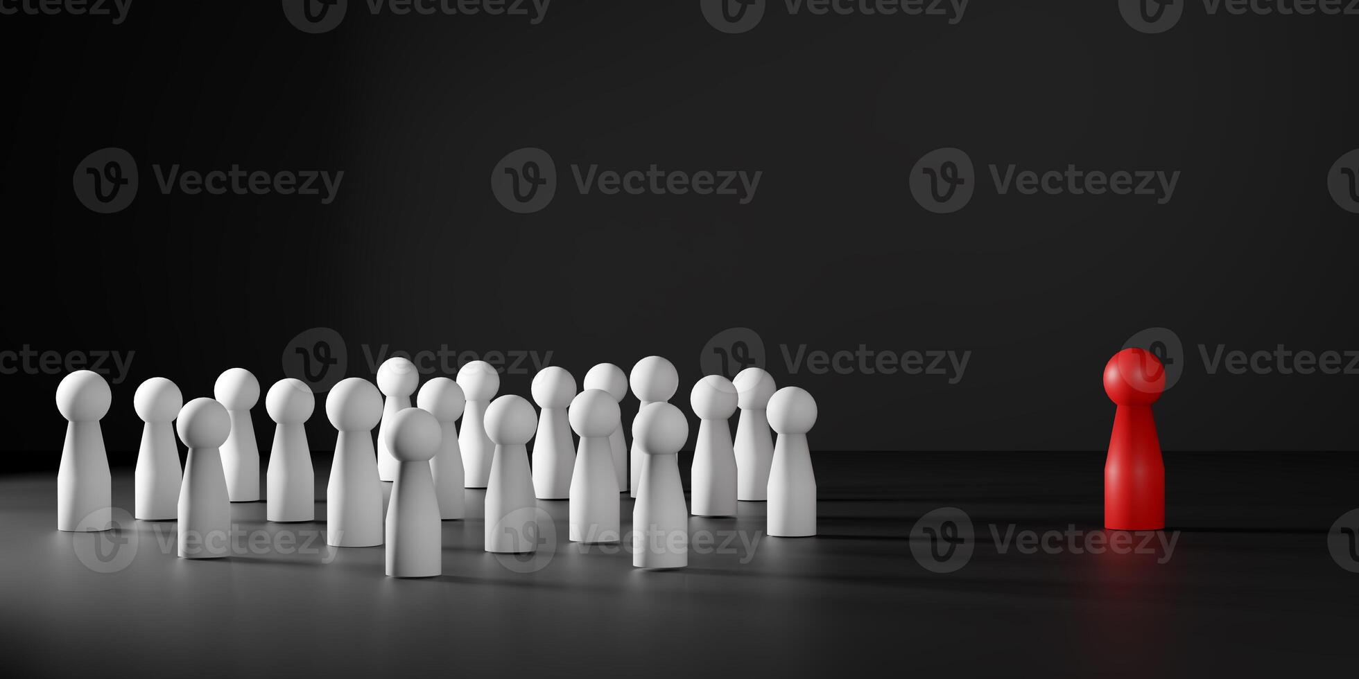 A 3D red wooden figure stands apart from a group of white figures in a minimalist scene, showcasing leadership, unique talent, and innovative team performance in the modern workplace. photo