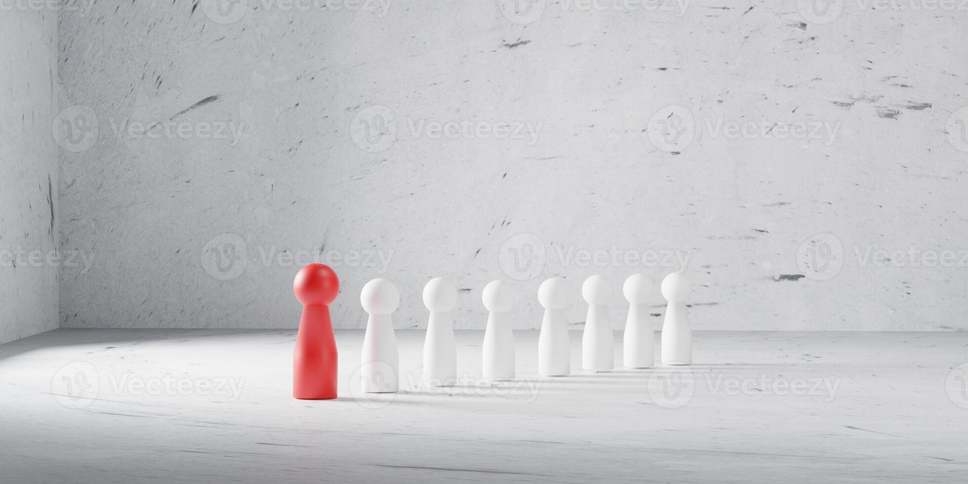 Red human figure standing in front of a line in a room minimalist with bare concrete walls, simple background, representing leadership, uniqueness, direction, and teamwork in a modern business concept photo