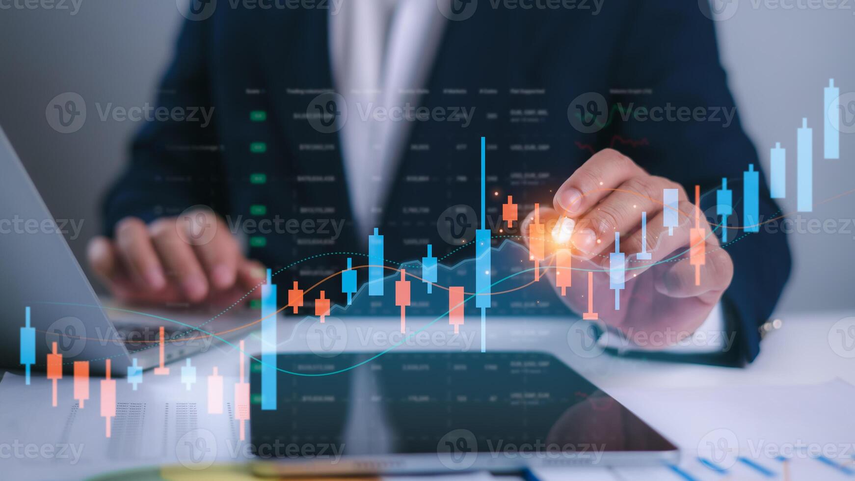 Businessman analyzing candlestick chart and stock market graph on digital dashboard, Showcase financial analysis, Trading strategy and investment trends in modern fintech and portfolio management. photo