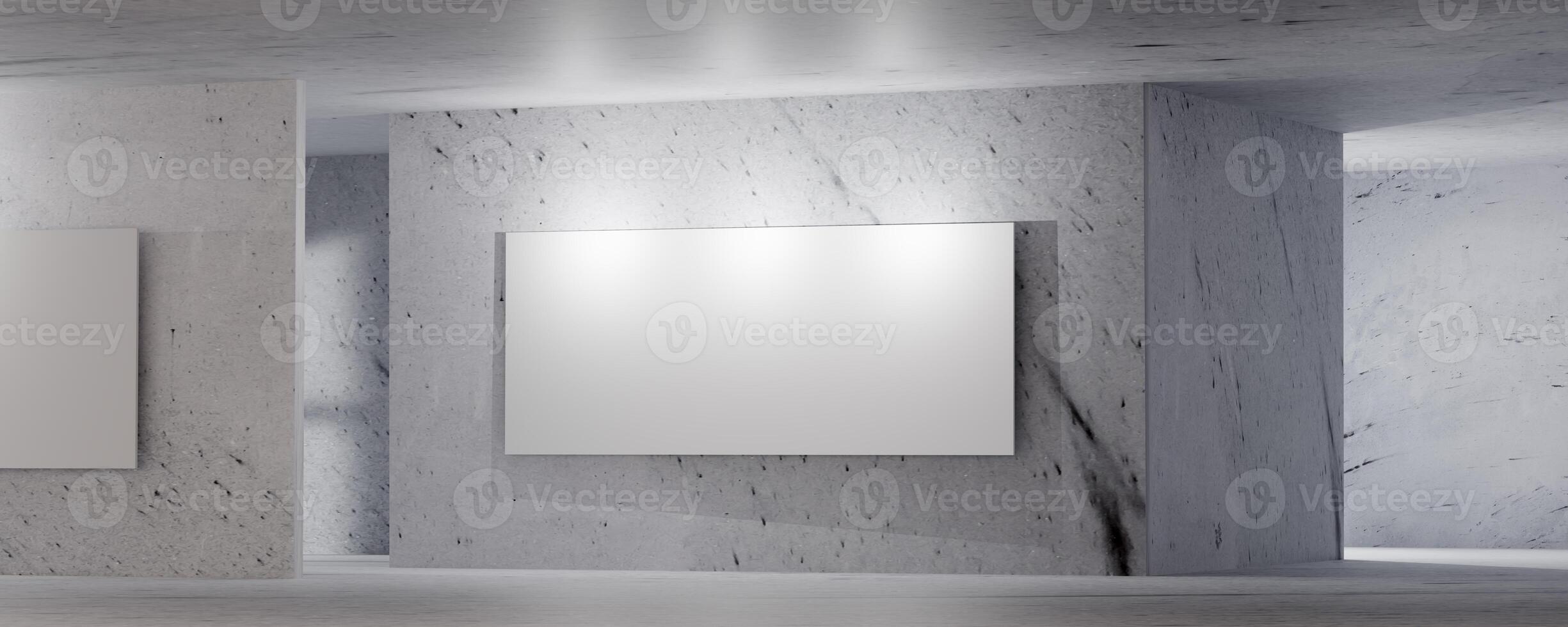 3D render of industrial style concrete room with a blank white banner, minimalist interior design, soft ambient lighting, geometric structure. Perfect for architecture, backgrounds, branding visuals. photo