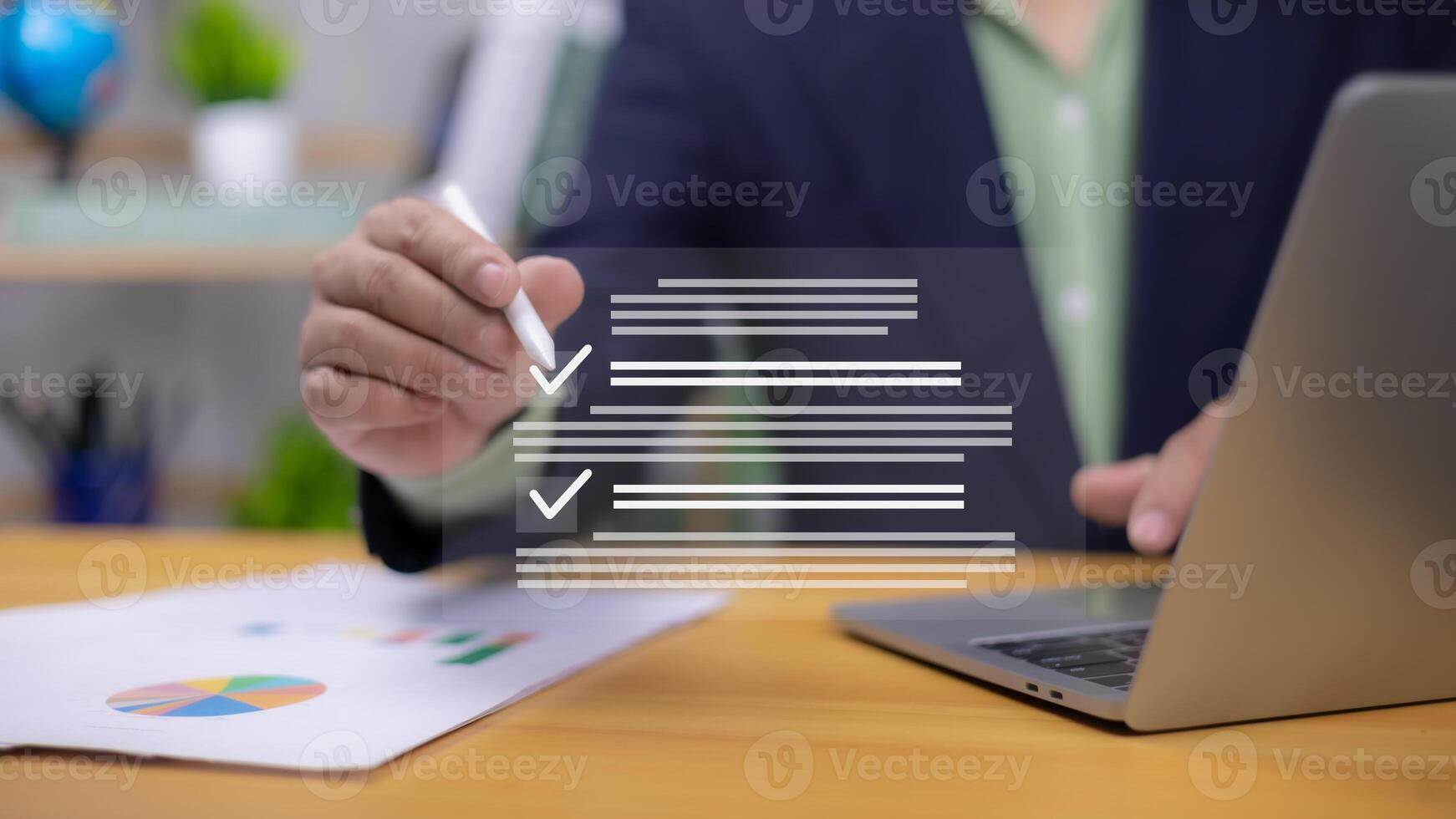 Hand with pen interacting with digital checklist. Symbolizes data entry, task completion, online forms, and business reporting. Ideal for productivity, compliance, analysis, efficient management now. photo