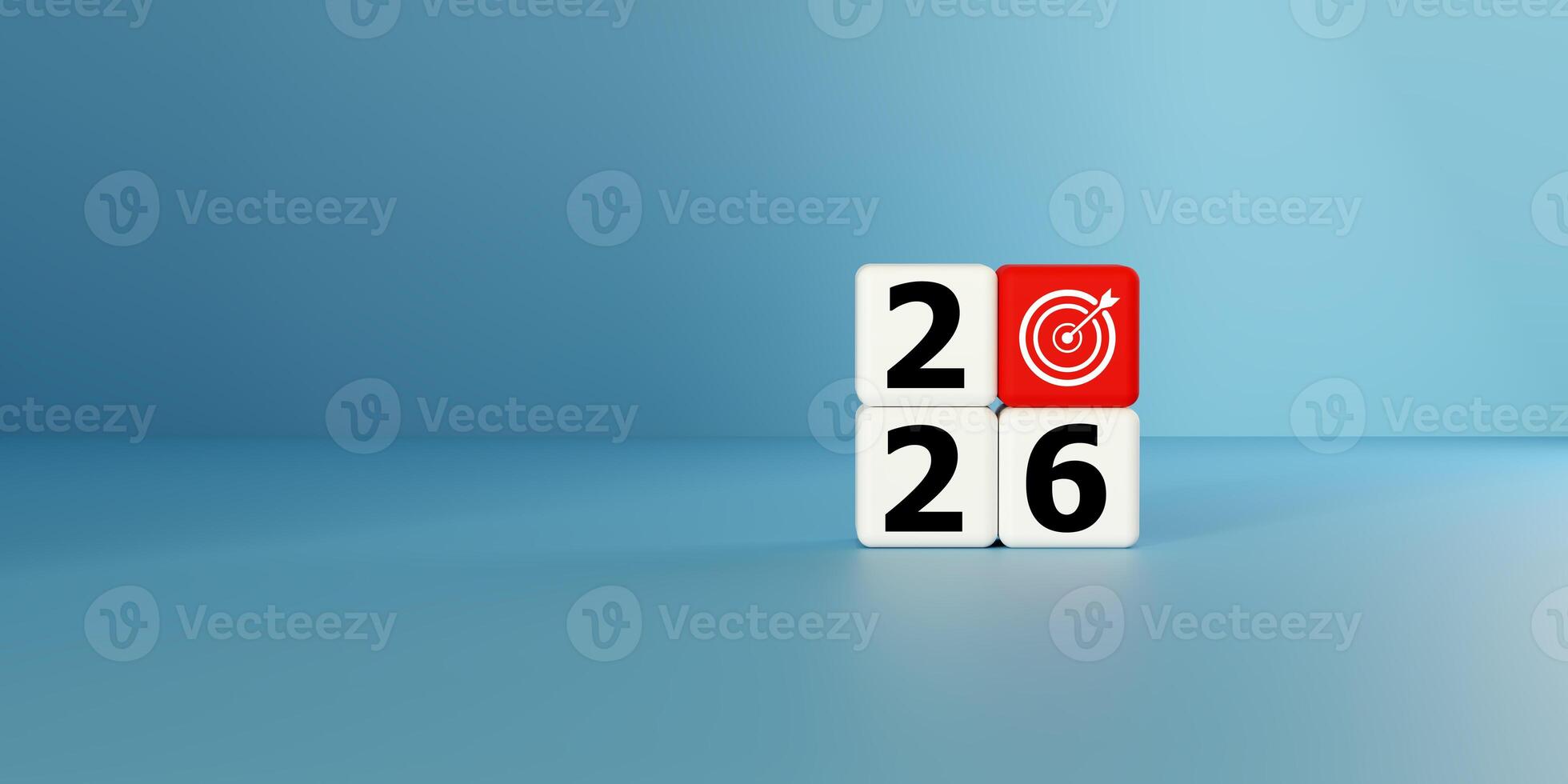 Blocks forming with a red target icon representing 2026. Symbolizes future goals, strategic planning, and targets. Ideal for business objectives, New Year resolutions, vision, achievement concepts now photo