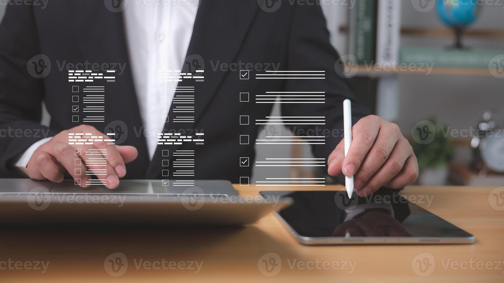 Digital audit in action as businessman reviews online forms and checklist, ensuring financial transparency, compliance, and efficient management through smart digital verification tools. photo