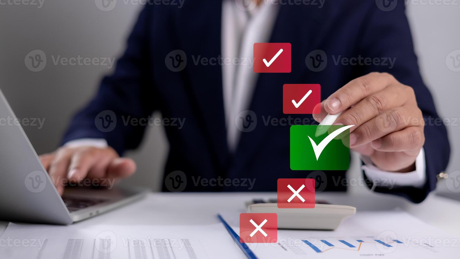 Hand man presses a green checkmark on a digital document, symbolizing approval, validation, and confirmation in a modern business or legal workflow. represents efficiency and successful completion. photo