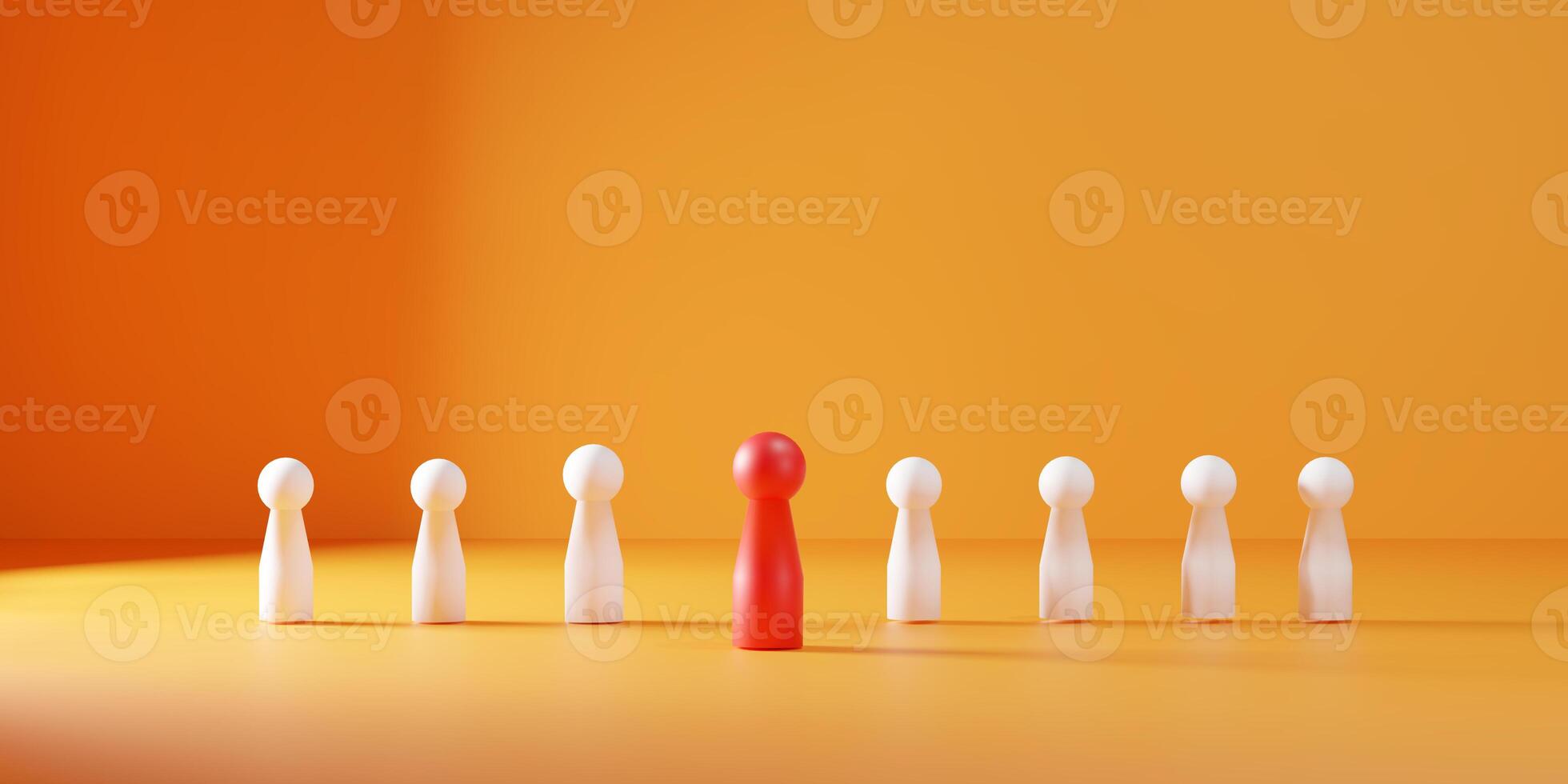 Leadership concept with a red wooden figure standing out from the crowd. Symbolizing creativity, success, teamwork performance, human resource, talent management, and employee recruitment. photo
