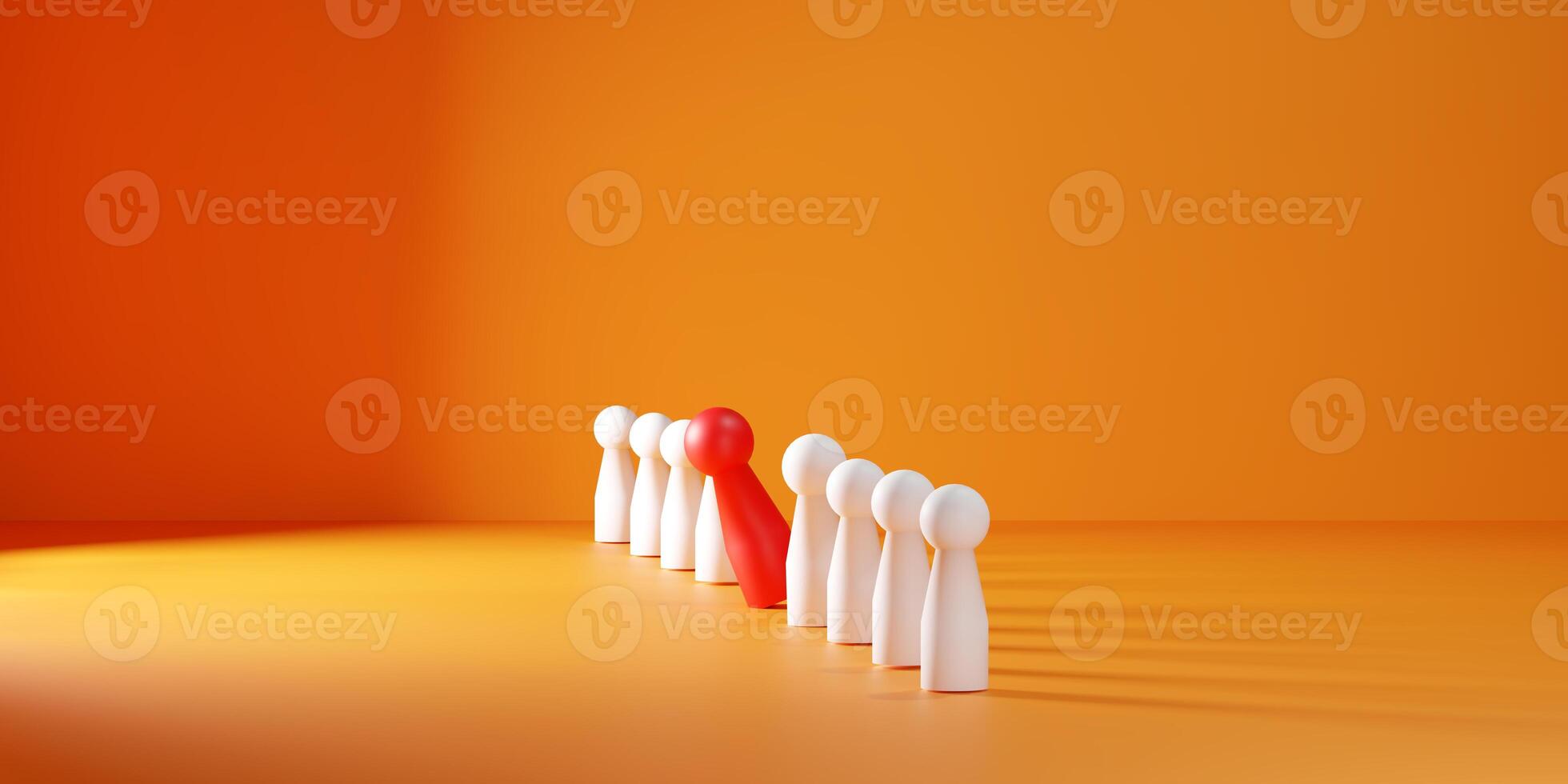 3D concept of leadership and talent management with a red wooden figure standing out from the crowd. Great for illustrating HR, teamwork performance, recruitment, and business growth visuals. photo