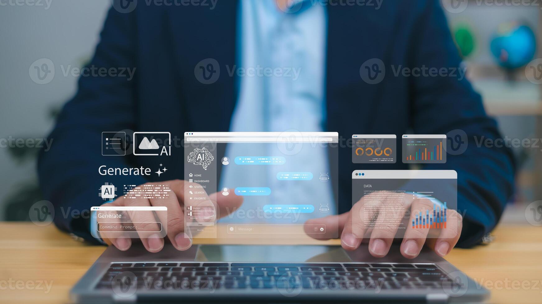 Person engaging with AI interfaces on a laptop, symbolizing advanced artificial intelligence, data analytics, and content generation. Ideal for machine learning, automation, and digital transformation photo