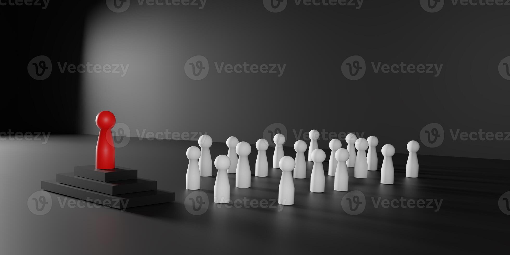 HR, success, and innovation themes. 3D leadership concept with a red wooden figure standing on a podium in front of white figures, symbolizing leadership, talent management, and teamwork performance. photo