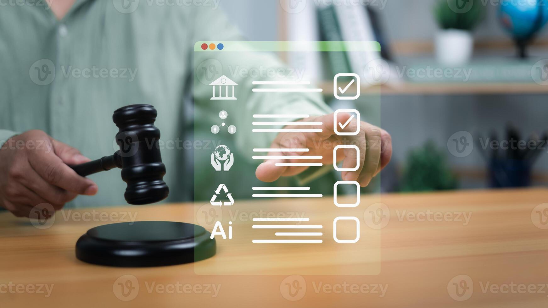 Environmental law and carbon credit regulation concept with green globe, gavel, and eco-friendly icons, representing sustainability, environmental protection, legal frameworks for green initiatives. photo