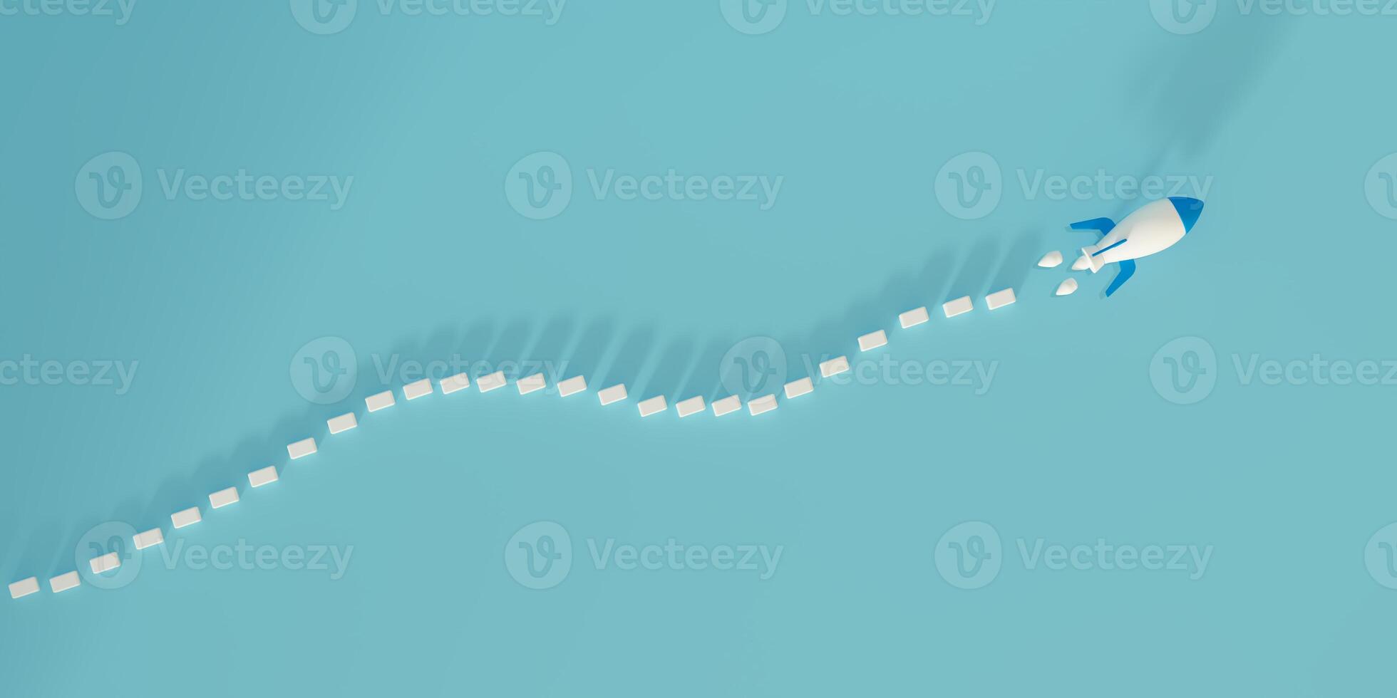 3D render of airplane routes and flying along a path of white blocks. Ideal for concepts of travel planning, Aviation routes, flight navigation, tourism, air journey. symbolizing continuous progress photo