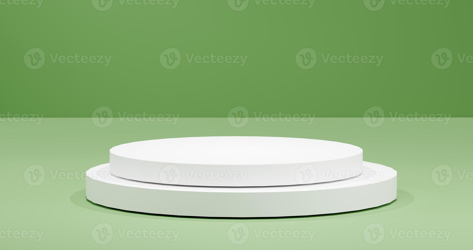 White round podium stands on a light green background, bathed in soft, diffused lighting. Modern product display platform for showcasing cosmetics to tech, emphasizing simplicity in presentations. photo