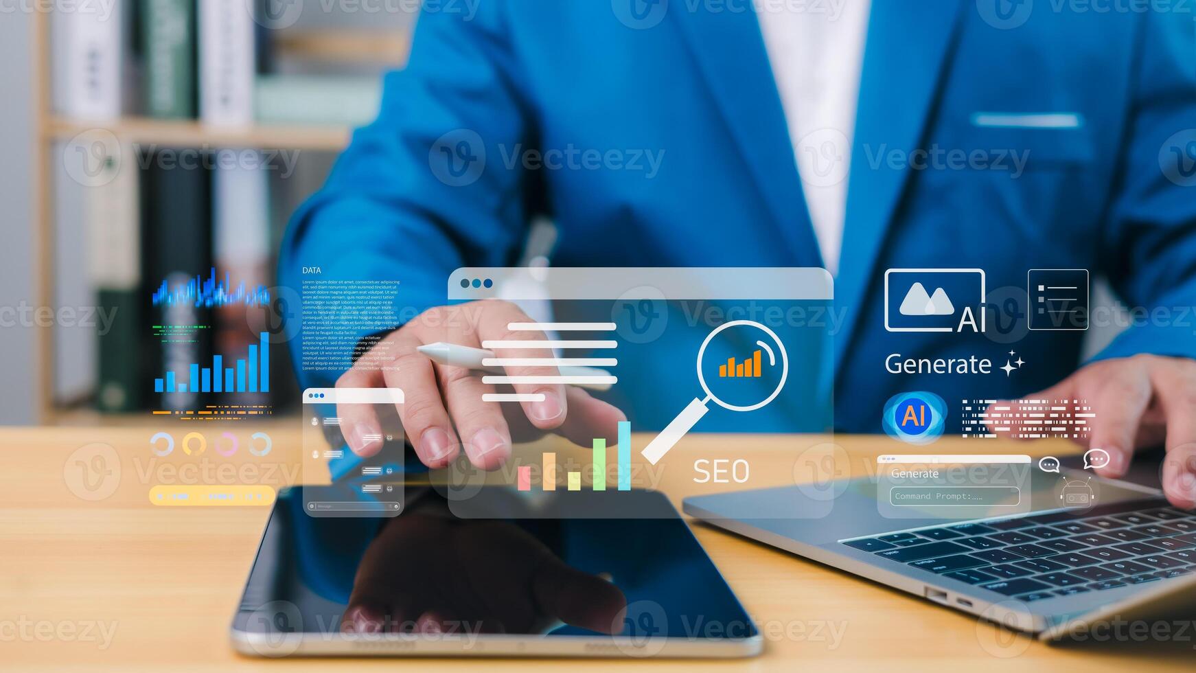 Businessman working on SEO strategy using computer and AI assistant, optimizing website performance, boosting search engine ranking, and enhancing digital marketing efforts. photo