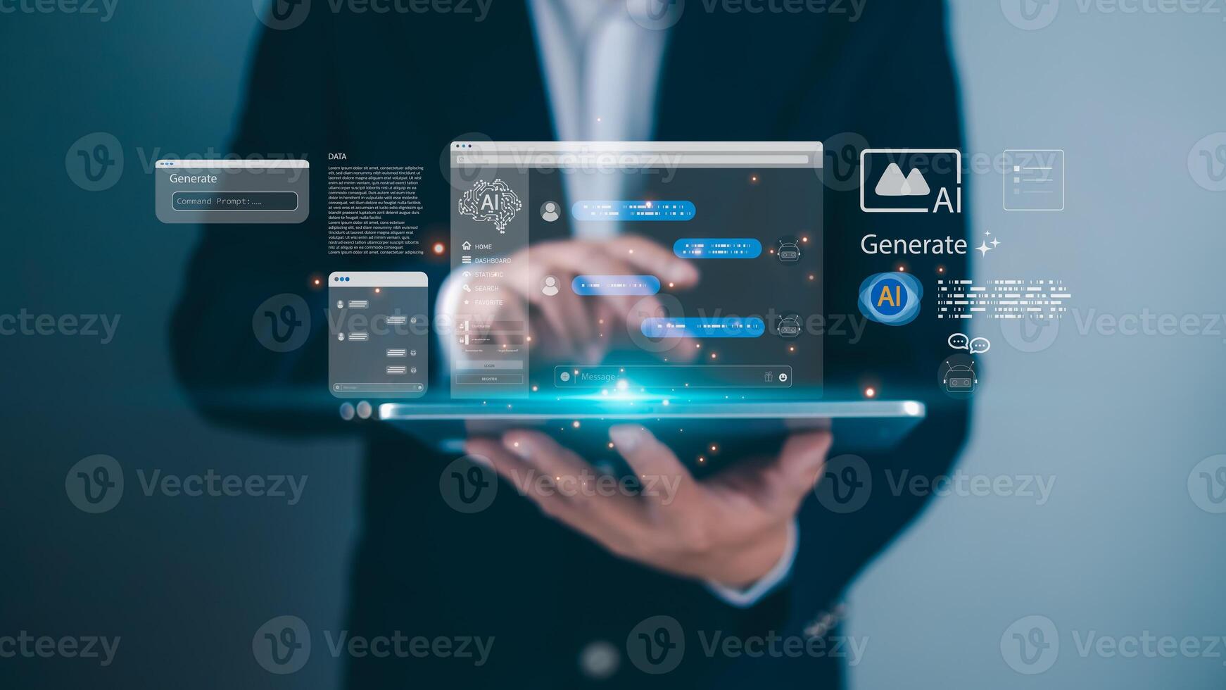 A businessman holding a tablet with floating AI interfaces, Symbolizing futuristic technology data, Digital communication online, and artificial intelligence in modern business environments. photo
