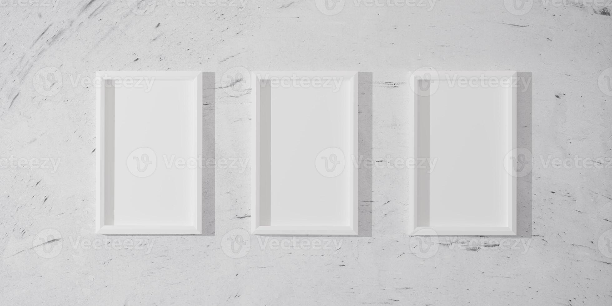 3d render, Minimalist interior with three vertical white poster frame mockup on a light textured wall. Bright and modern room, perfect for displaying posters, prints, or art in a contemporary. photo
