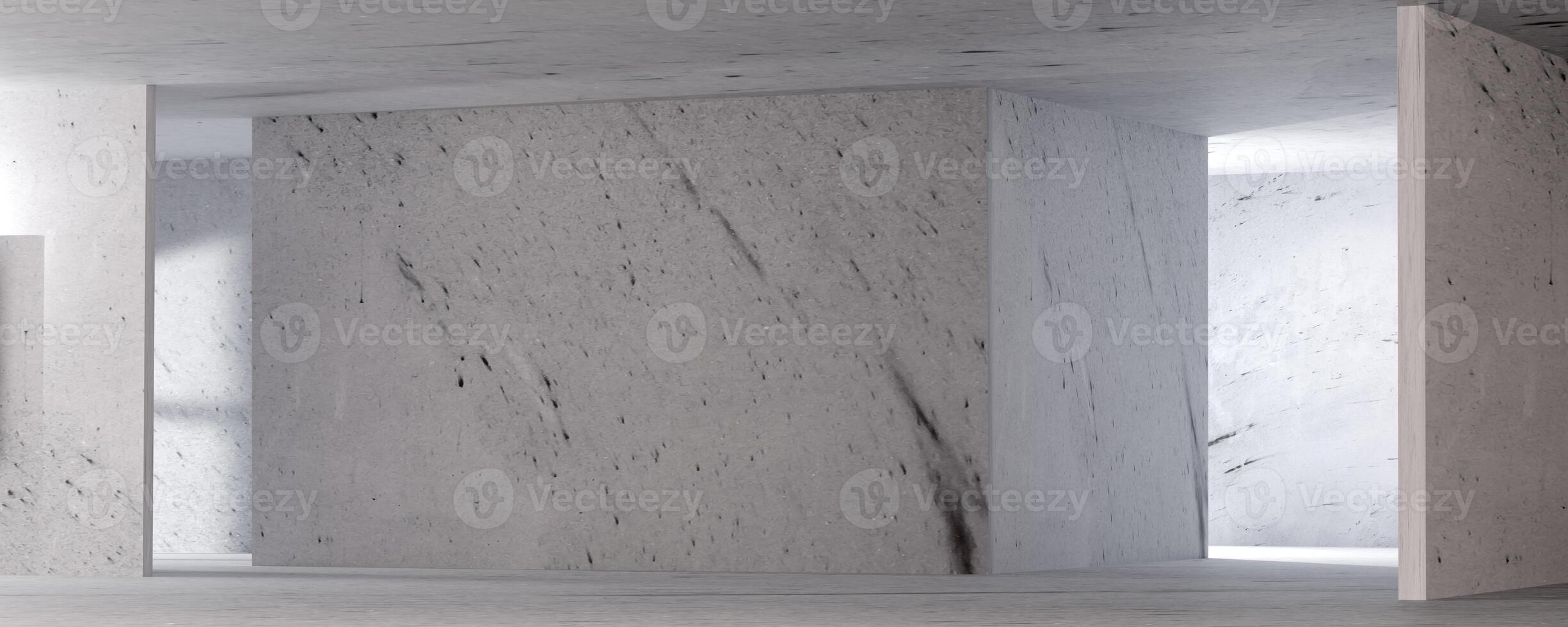 3D render of abstract concrete interior with geometric structures, sunlight casting shadows on the floor, capturing a brutalist architecture style perfect for museum spaces and modern design concepts. photo