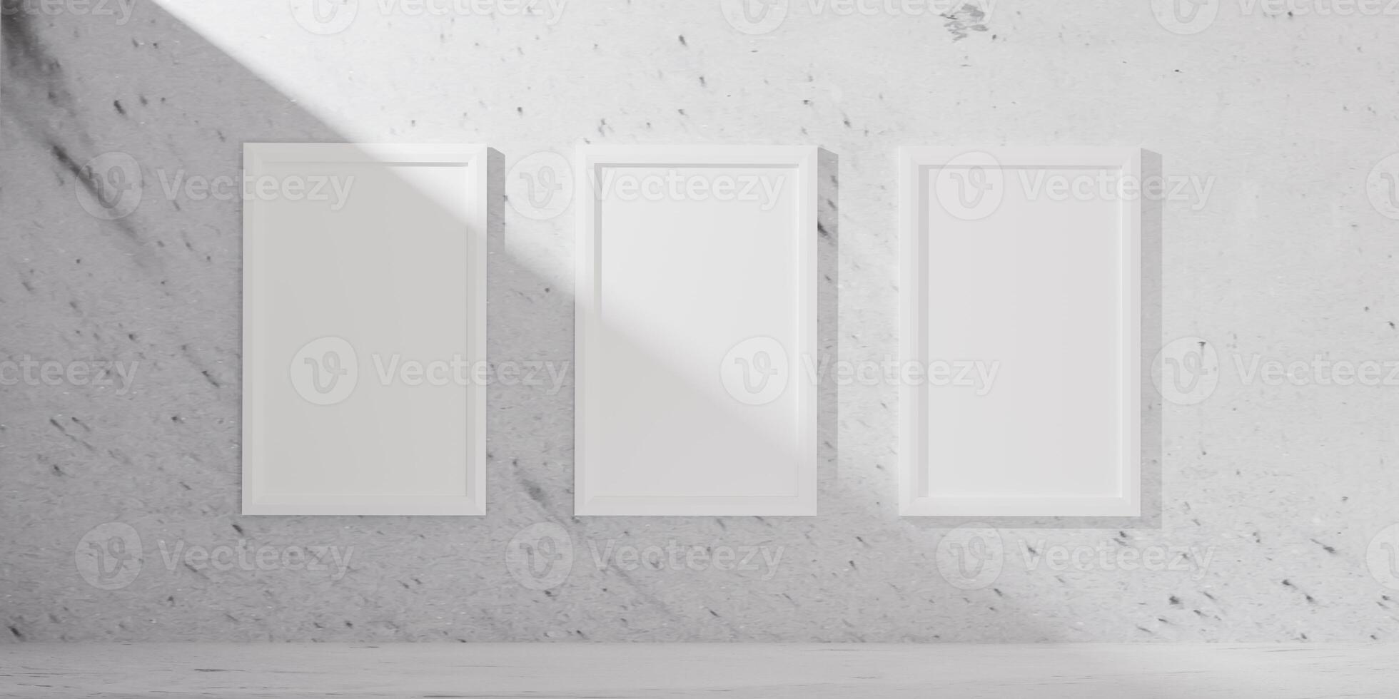 3D render of a minimalist room with three vertical white poster frames on a textured wall. A clean, modern interior perfect for showcasing prints, artwork, or creative displays in a stylish setting. photo
