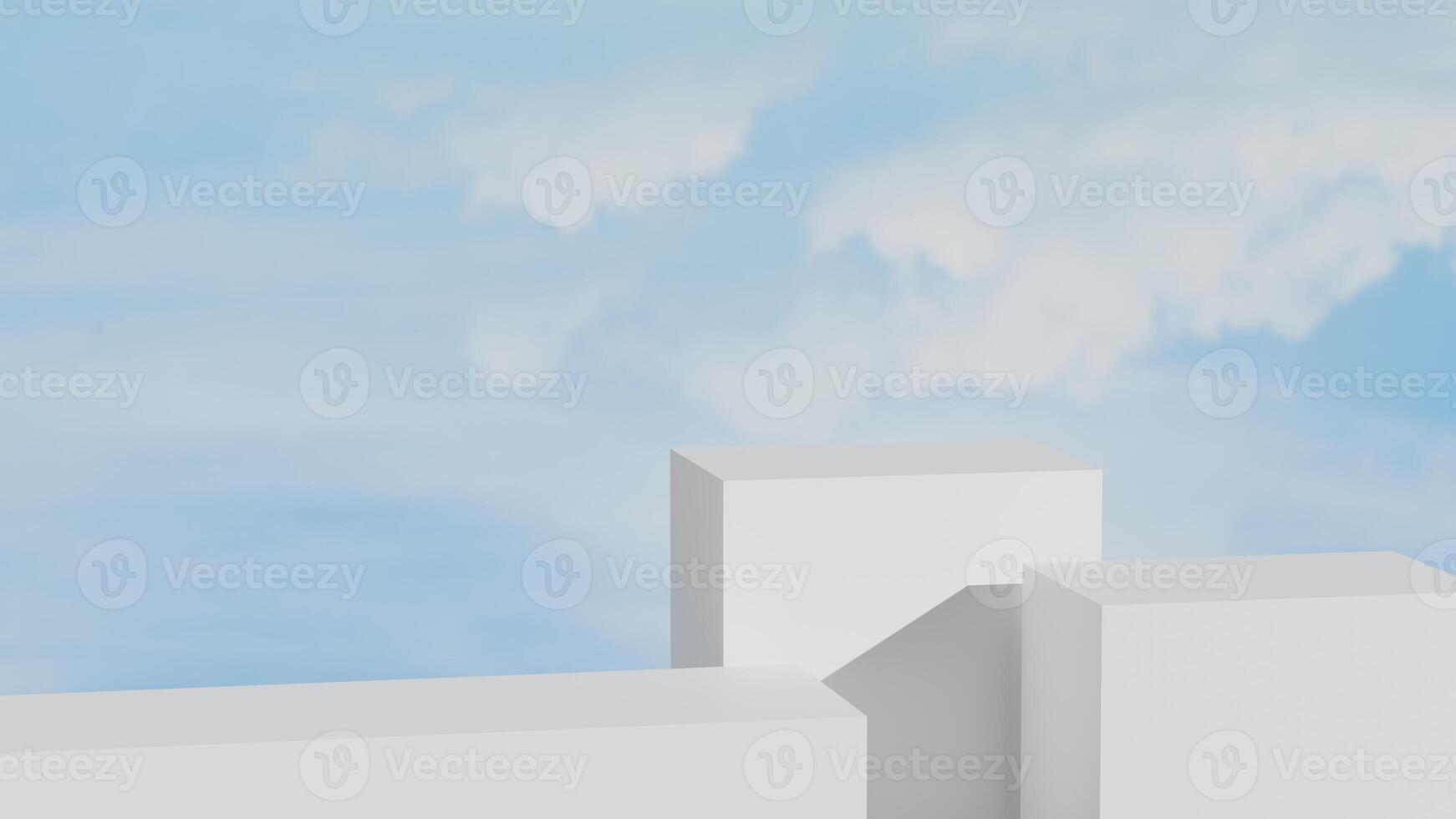3D white podium with blue sky and fluffy clouds, ideal for summer skincare or cosmetic branding, Clean minimal scene light and shadow perfect for seasonal marketing visuals, product mockups, and ads. photo