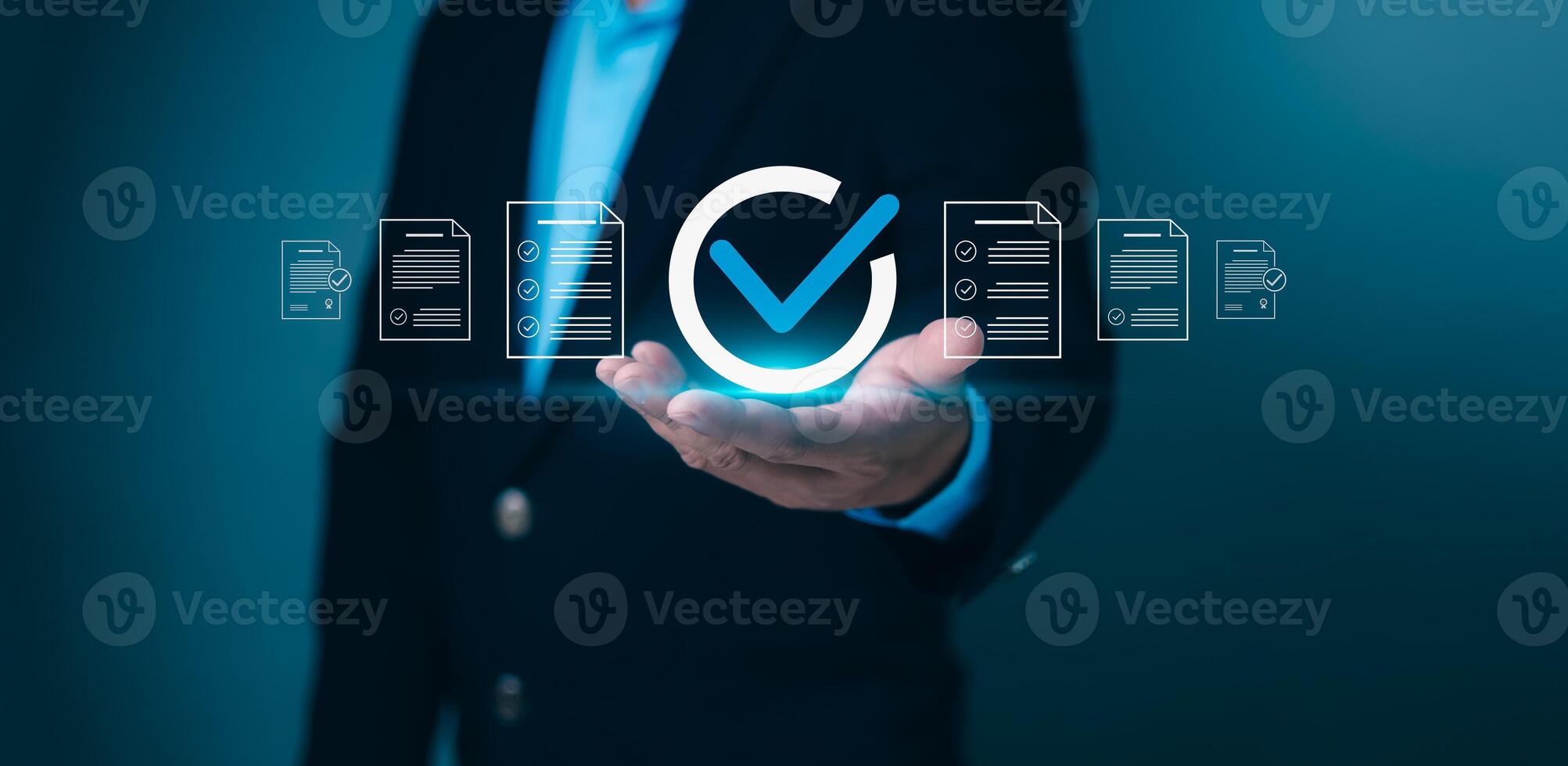 Business person holding a checkmark icon surrounded by document lists, symbolizing successful completion, quality assurance, and compliance. Ideal for approval, verification, and certification. photo