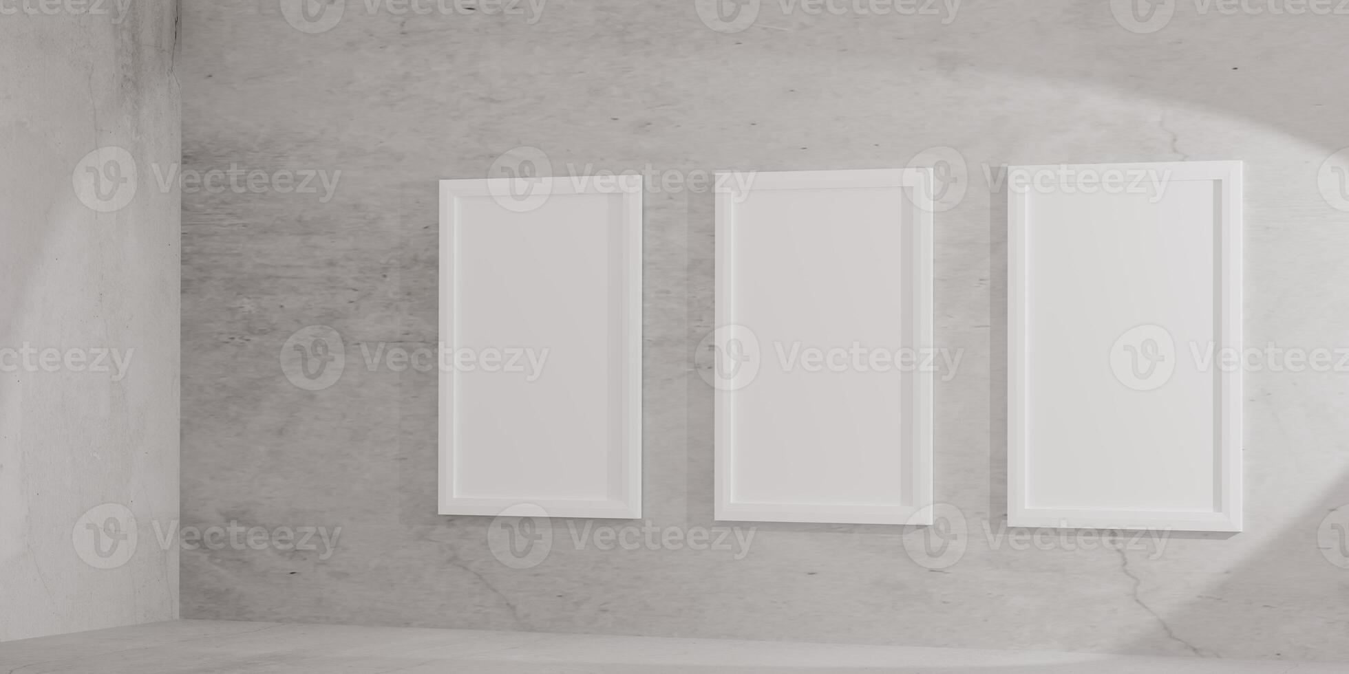 3D render of minimalist interior with three vertical white poster frames on a light textured wall. Bright, modern room perfect for displaying art, prints, or posters in contemporary design spaces. photo