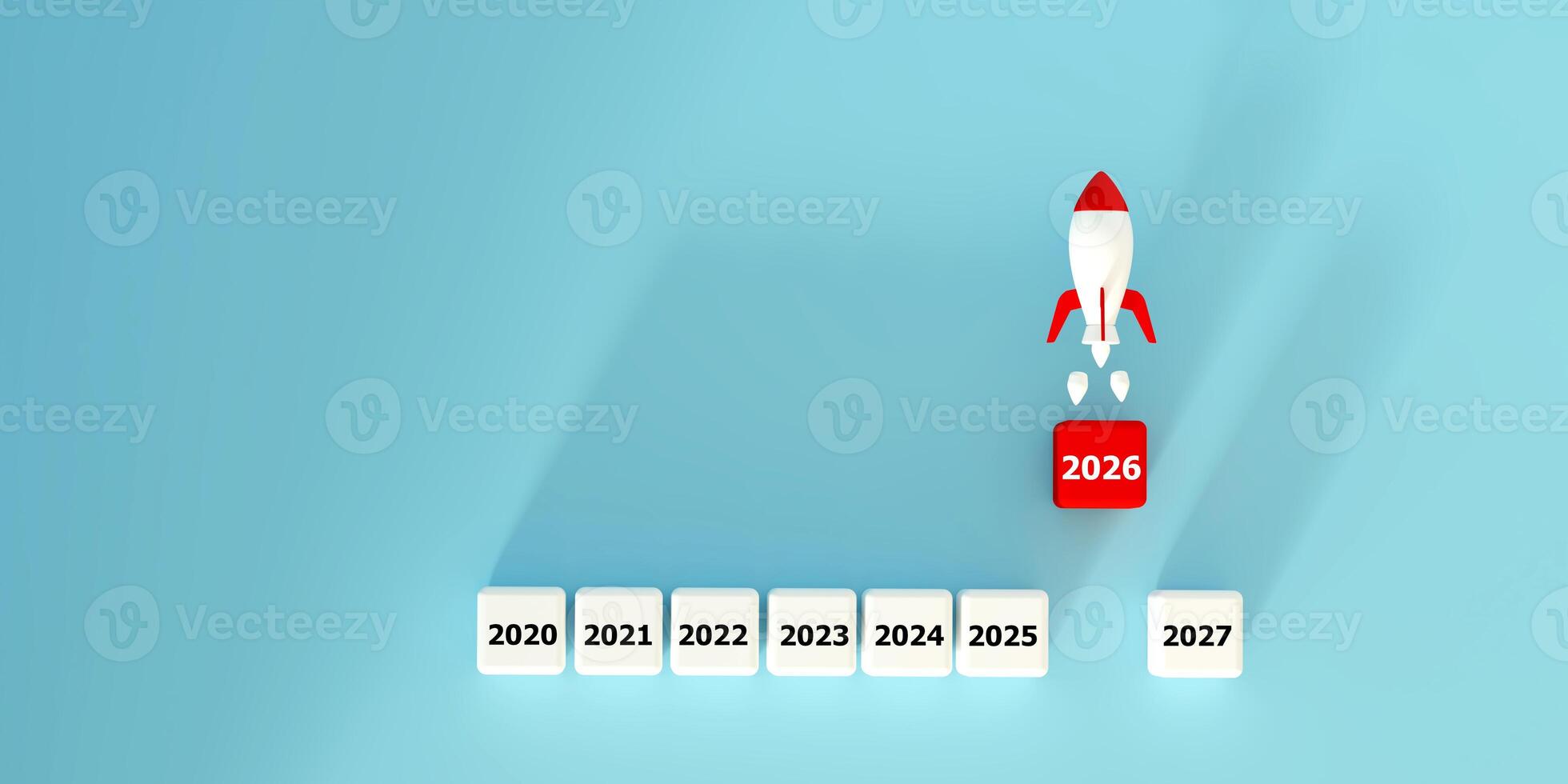 Dynamic 3D render of a business launch concept, with a rocket soaring from a 2026 block. Symbolizes future growth, innovation, success, perfect for strategic planning, marketing, and business visuals. photo