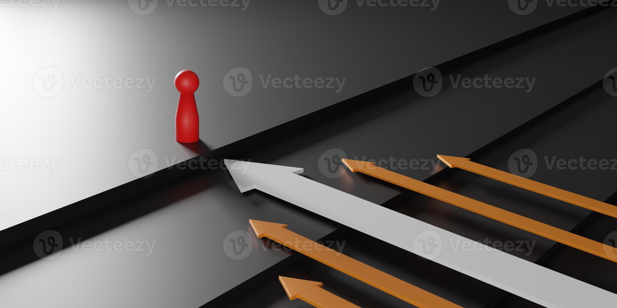 A red doll leads above orange and white arrows, symbolizing leadership, ambition, and success. The 3D render represents progress, competition, and forward-thinking strategies in a business context. photo
