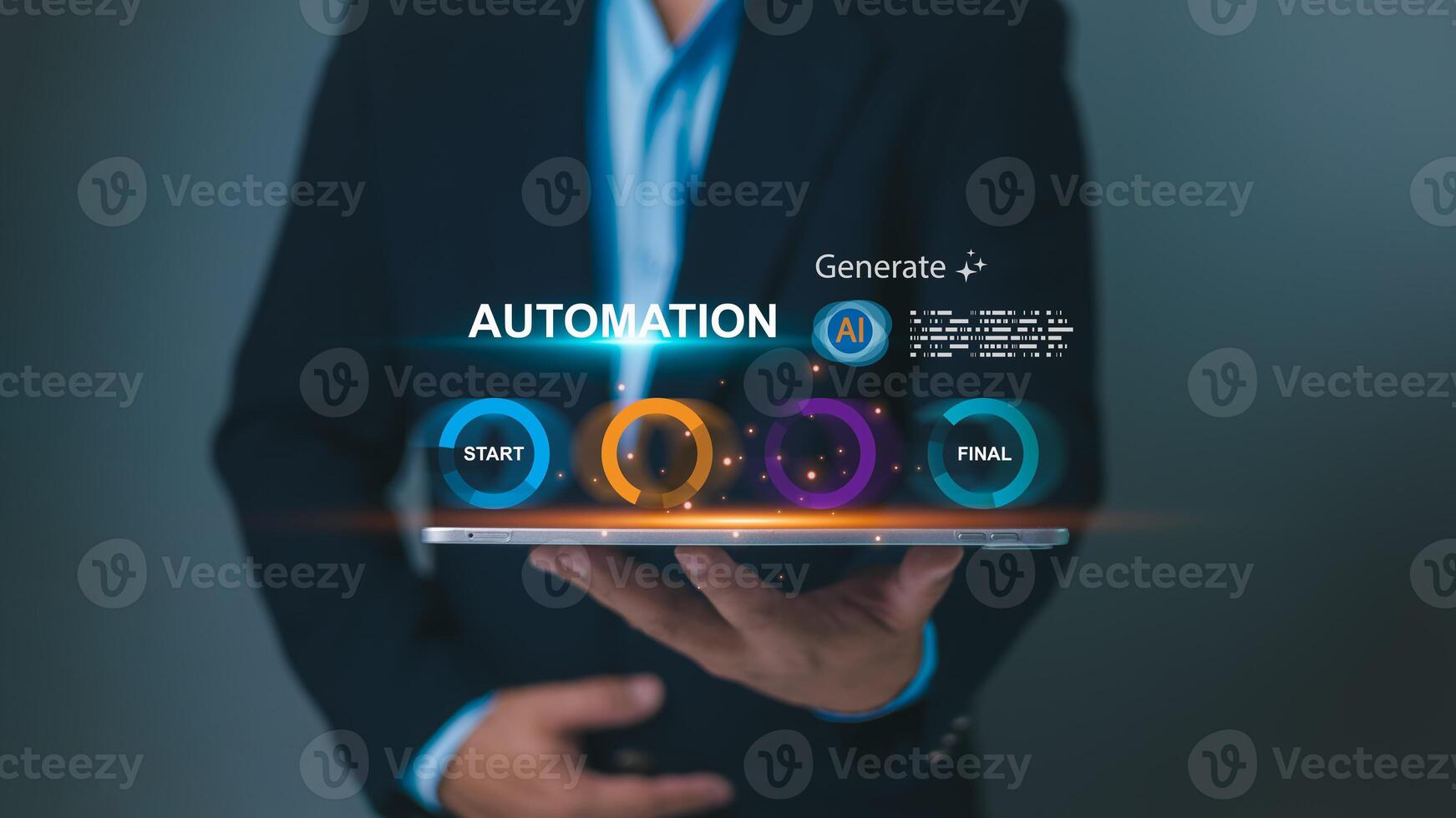 Person holding tablet showing an Automation and AI Generate workflow, Symbolizing digital transformation and process optimization. AI automation, Smart technology solutions for business. photo