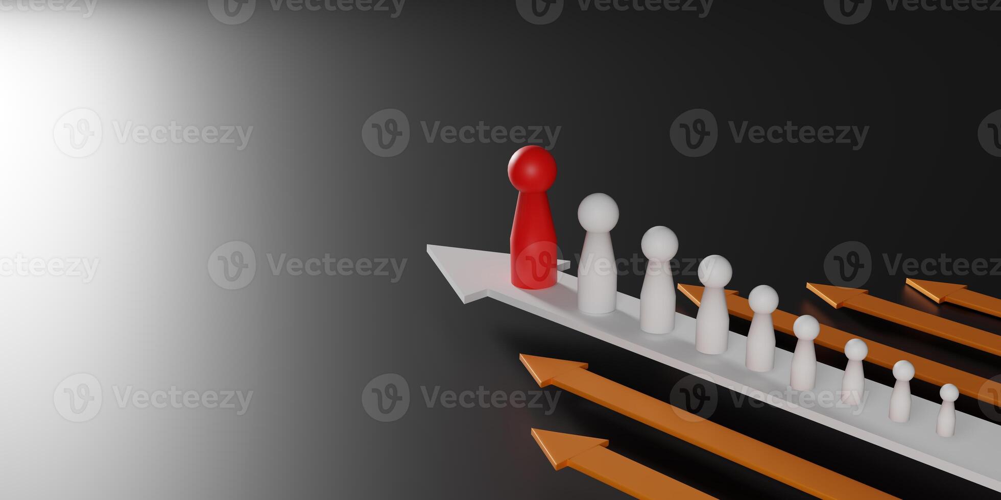 Conceptual 3D render of leadership and business success. A red figure doll leads a line of white figures on an arrow, symbolizing growth, teamwork, and forward thinking in the corporate world. photo