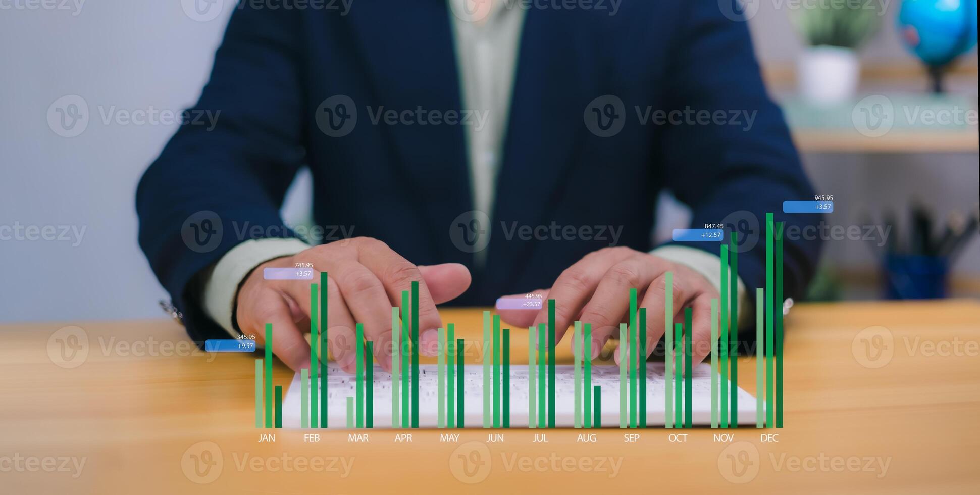 Businessman analyzing company growth using a laptop and tablet, with current and future business growth graphs, development strategies, and financial information for long-term investment planning. photo