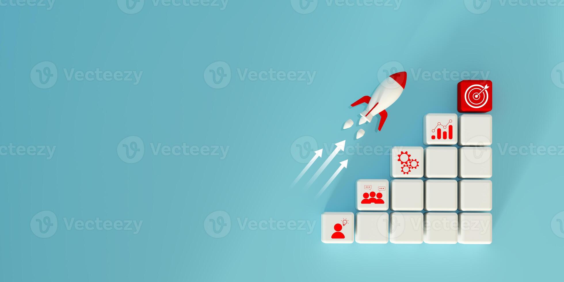 3D rendering of rocket launching upward with arrows and success icons on white blocks, symbolizing business progress, growth, and development, set against a bright blue background for modern concepts. photo