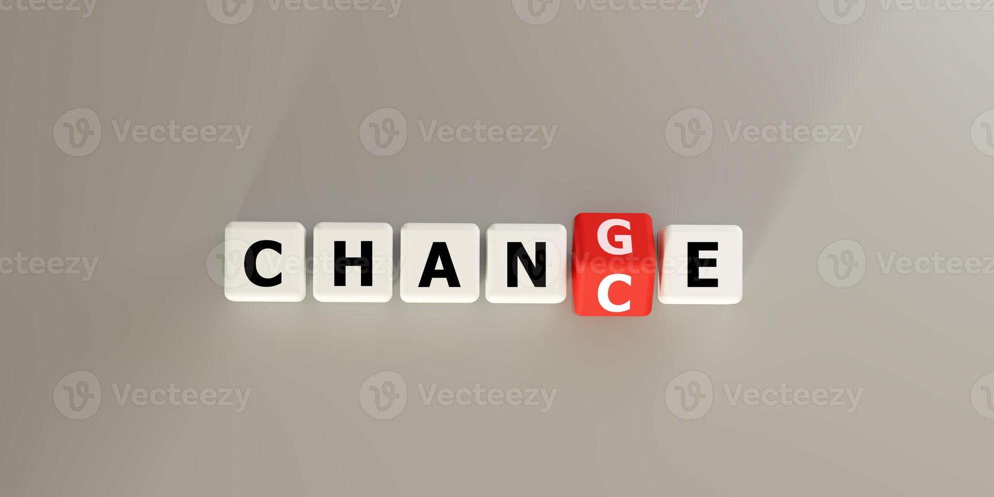 Blocks spelling CHANGE with a red letter block. Symbolizes transformation, transition, and evolution in business and life. Ideal for concepts of adaptation, growth, new beginnings, future direction. photo