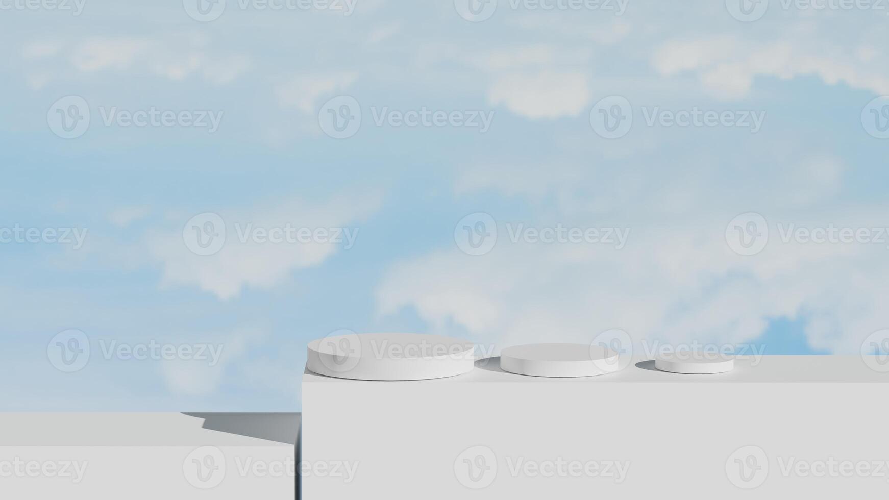 Minimal 3D white podium under vibrant blue sky fluffy clouds, perfect for summer themed product display with light and shadow, skincare ads or cosmetic branding mockup with clean seasonal aesthetic. photo