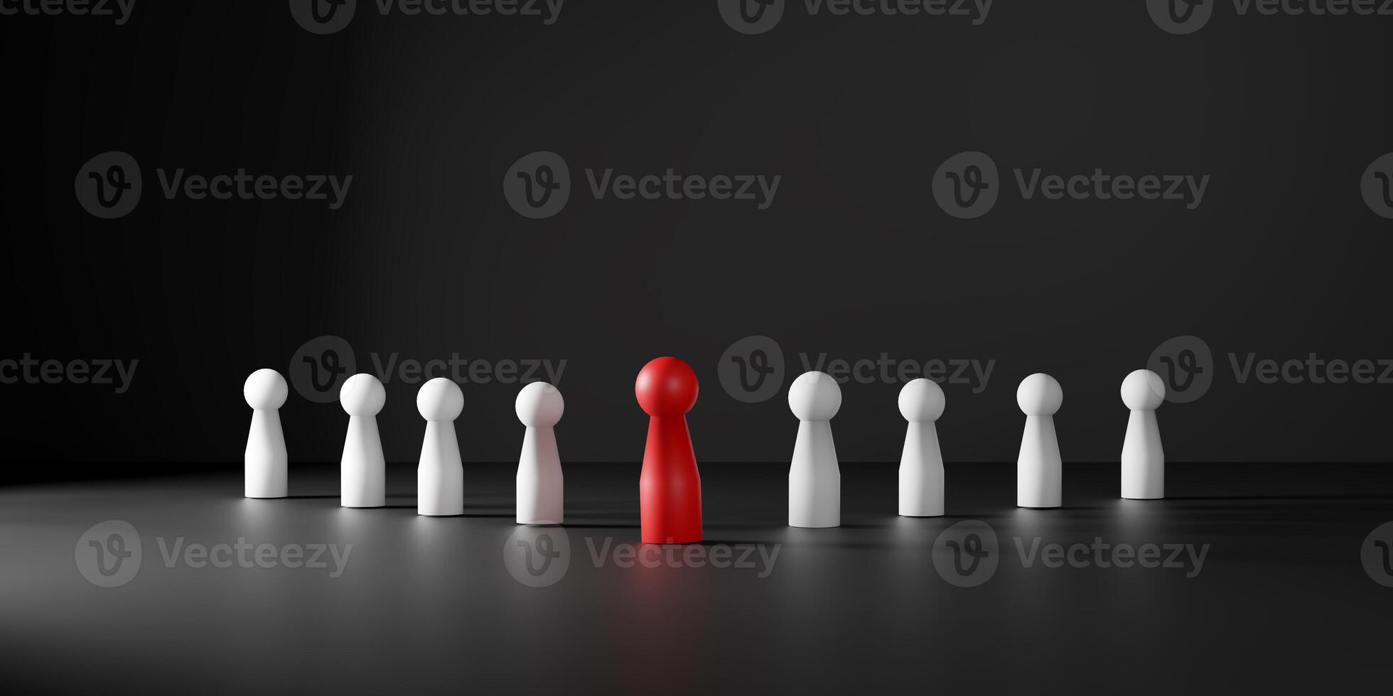Leadership concept with a red wooden figure standing out from white figures, symbolizing creativity, innovation, success, and talent management. HR, teamwork performance, and recruitment visuals. photo
