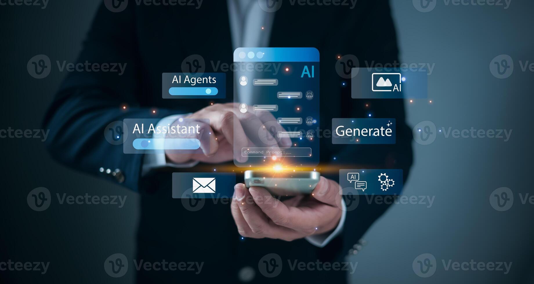 Automation technology, Future digital communication, Businessman using smartphone with AI chatbot interface Representing artificial intelligence assistant, Virtual customer service, Machine learning. photo