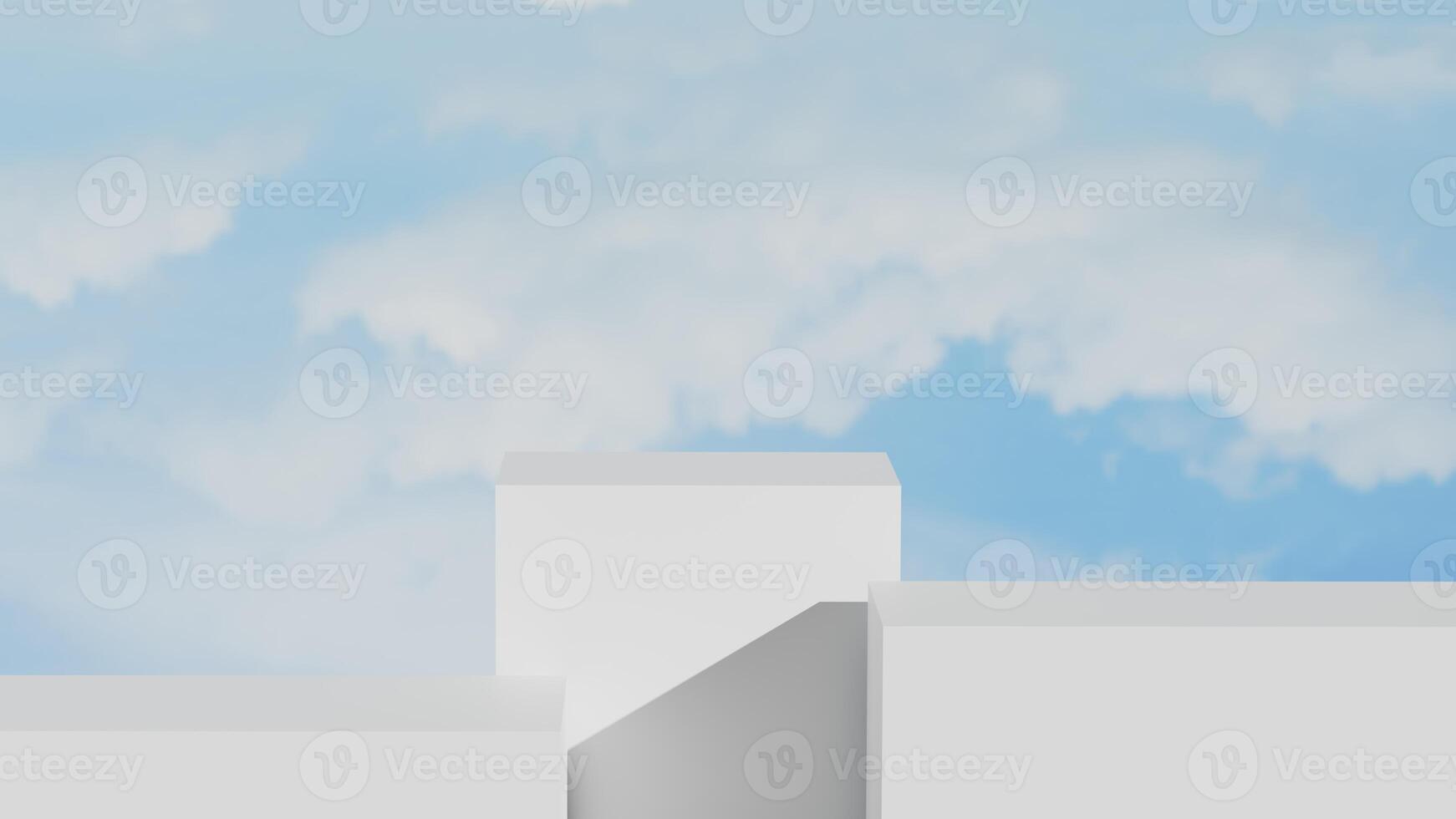 3D white podium under blue sky and fluffy clouds, Perfect for summer cosmetic branding, Clean minimal design for seasonal marketing visuals, Product presentation or skincare advertising. photo