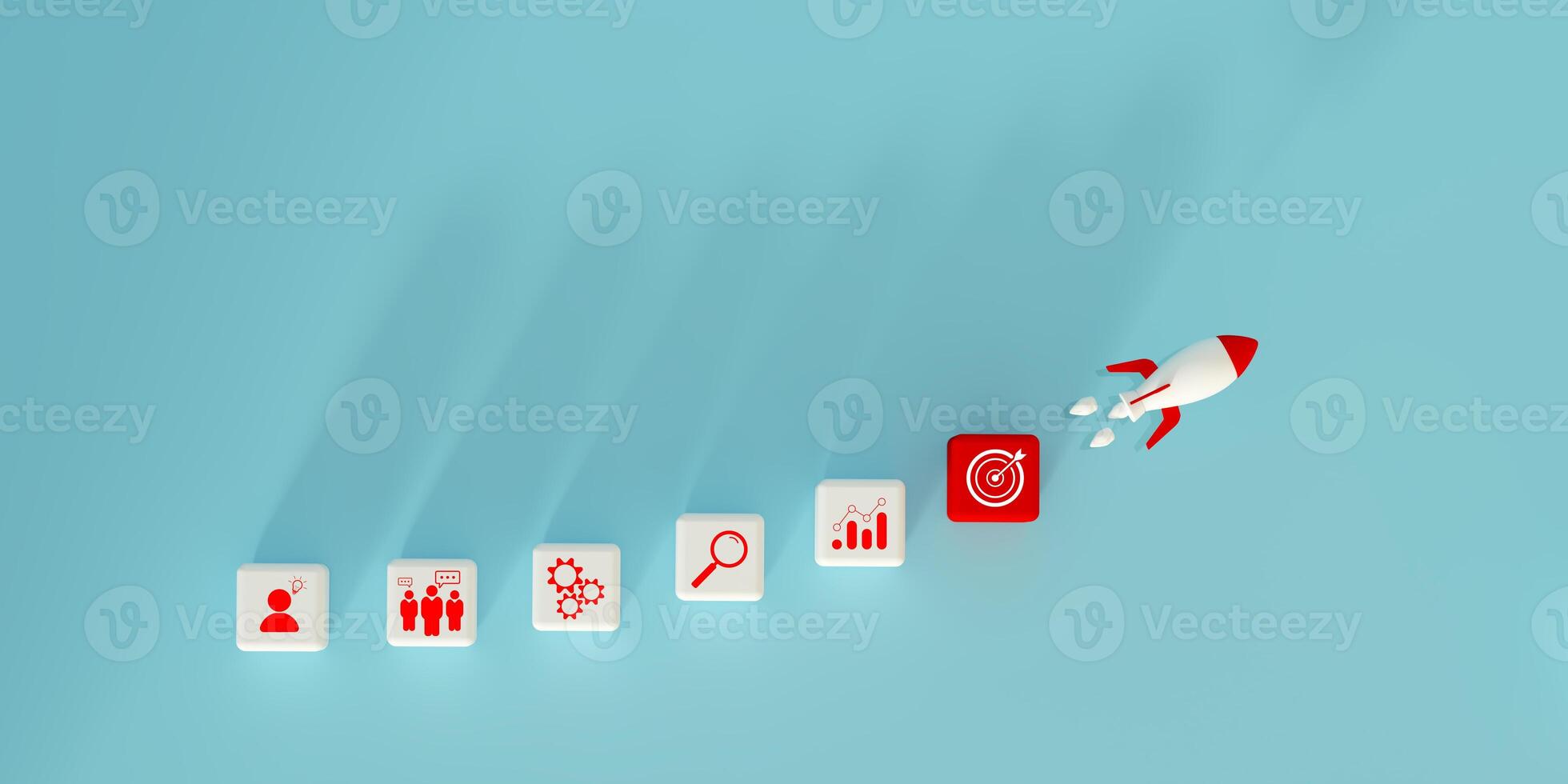 3D illustration with a rocket and icon blocks symbolizing business growth, innovation, teamwork, strategic planning against a minimalistic light blue background, Marketing and leadership concepts. photo