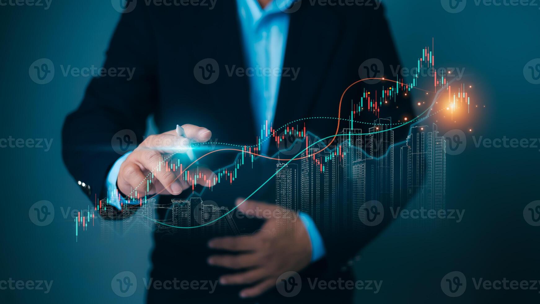 Business person analyzing financial graphs, symbolizing market growth, investment strategies, and economic development. Concepts of stock trends, Corporate finance, future planning, and data analytics photo