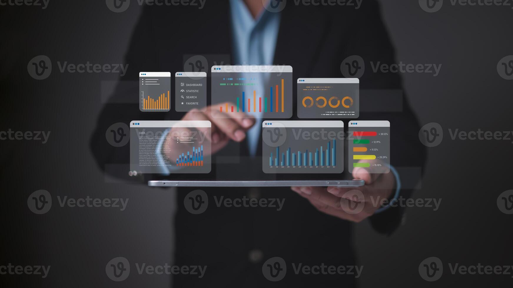 Business person holding a tablet displaying multiple holographic data charts, symbolizing comprehensive business intelligence, performance analysis, and digital dashboards. photo