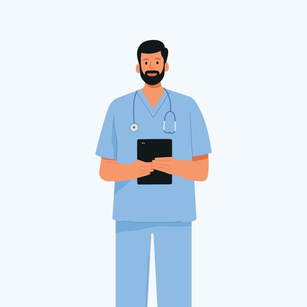 Flat Medical Worker with Tablet Illustrator Artwork vector