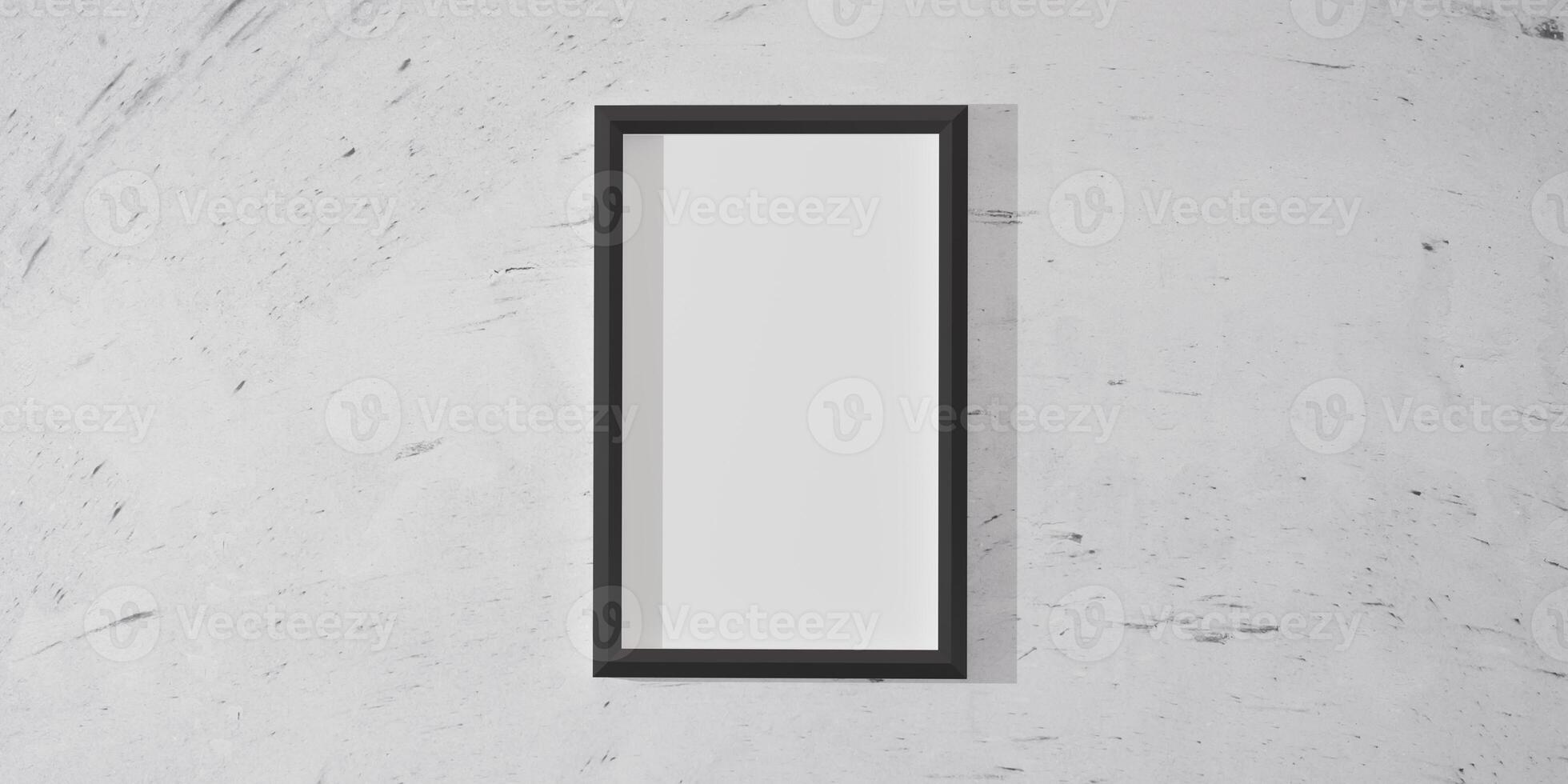 Elegant black frame on a modern white wall with textured finish. Clean minimalist decor for art, photography, or poster display, suitable for home, office, or gallery interior design. 3d render. photo